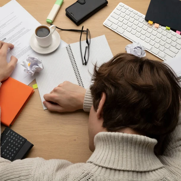 läbipõlemise tunnused: kurnatud inimene laua taga pea kätele toetatud